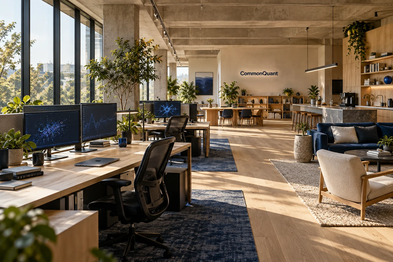 An imagined CommonQuant workspace with sunlit oak desks, plants, and a shared lounge.